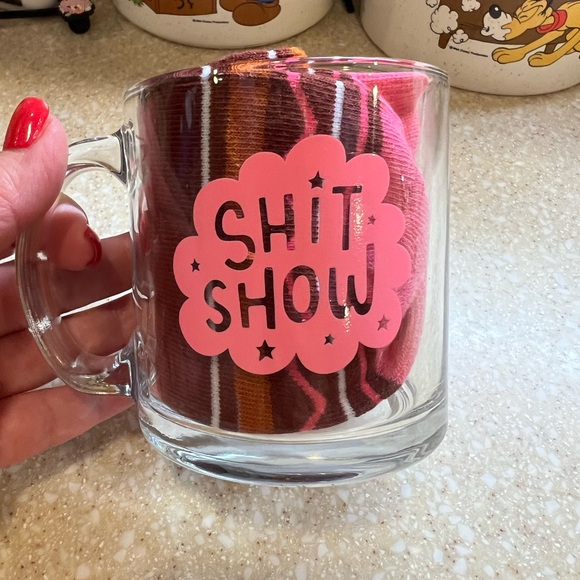 NEW Fave Cup Shit Show Mug Gift Set with Socks and Heart Pin Clear Pink Cup NEW - Picture 6 of 11